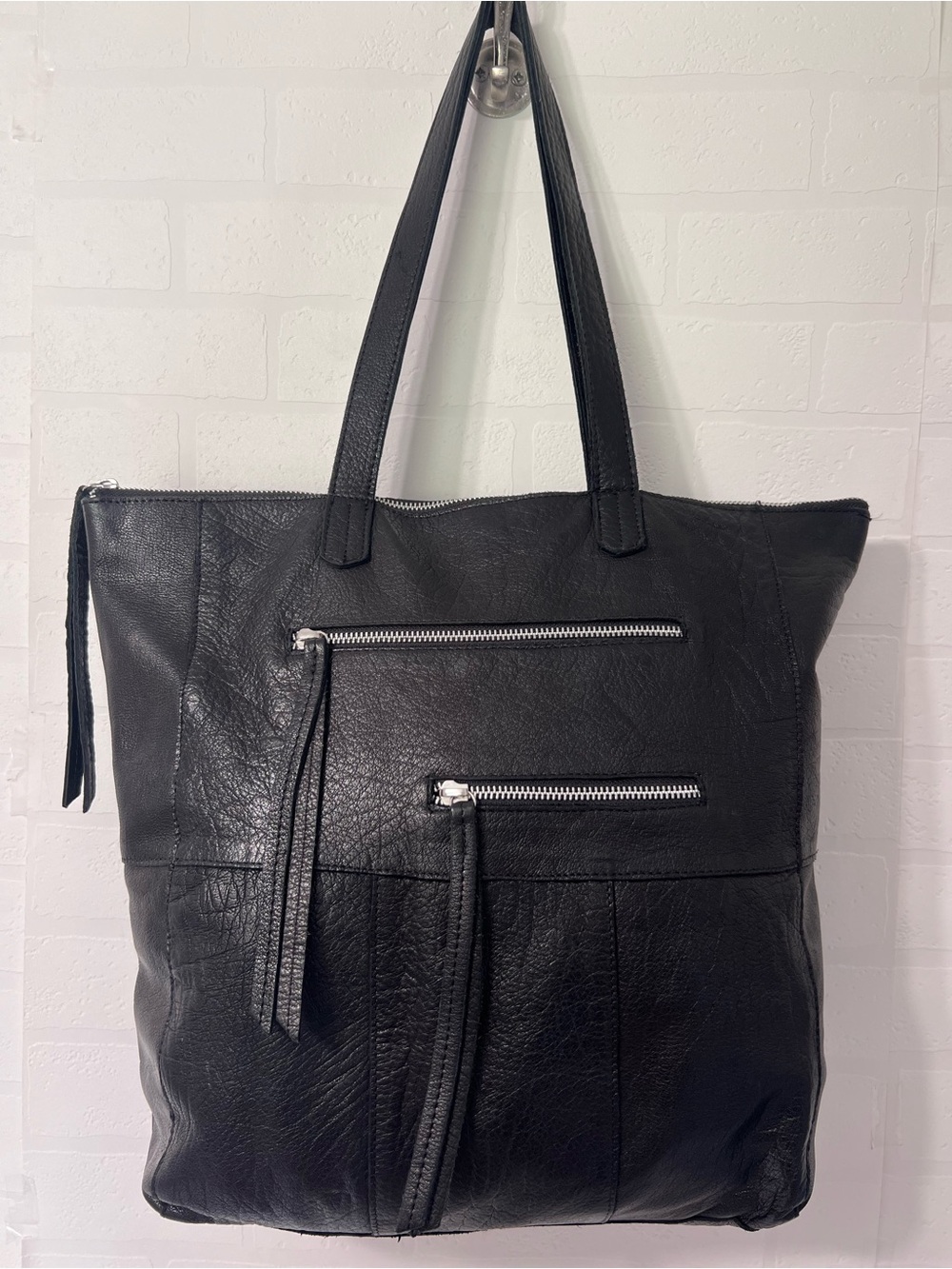 Day & Mood Anthropologie Heather Black Leather Moto Tote Bag Front Zip Pockets
